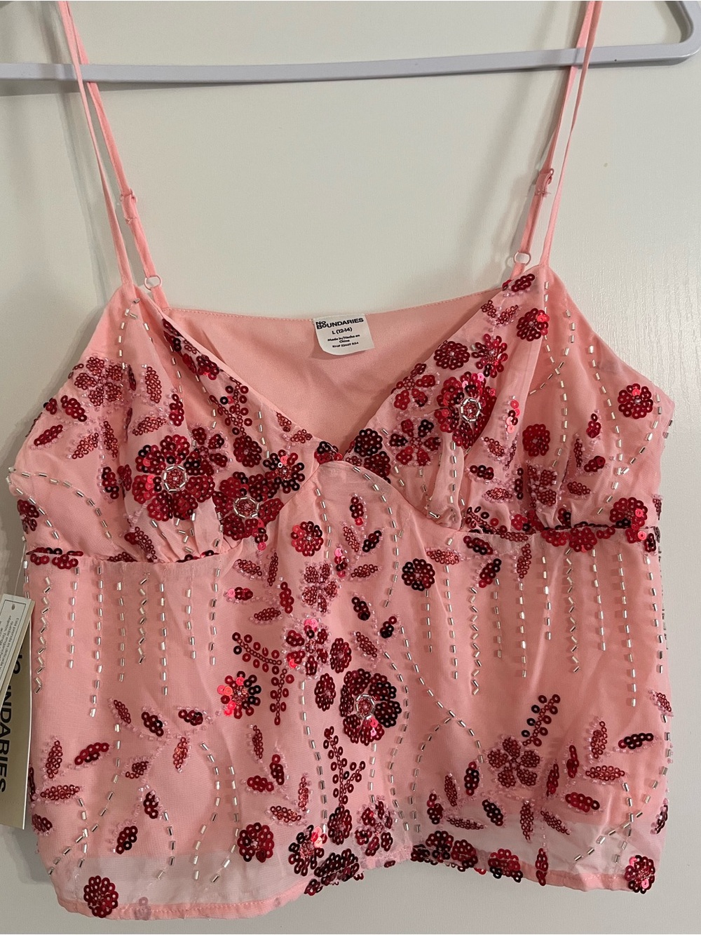 Beaded Pink Floral Cropped Cami Top by No Boundaries